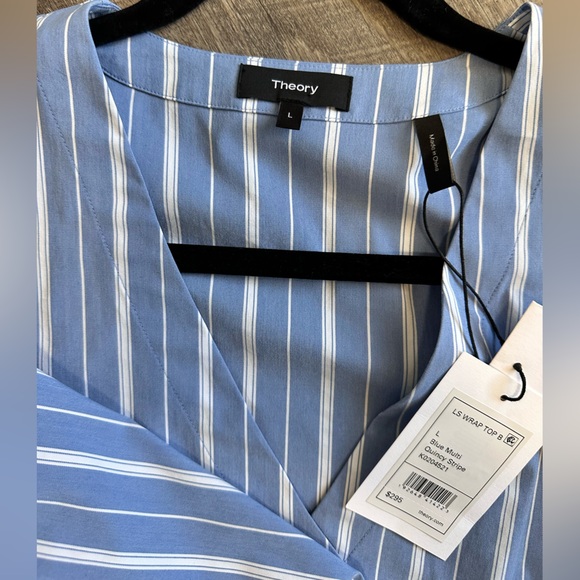 Theory Quincy Striped Faux Wrap Long-Sleeve Top - Blue & White Striped - Large - Picture 12 of 17